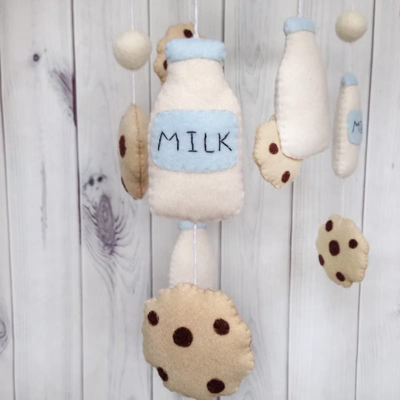 Cookies Milk Baby Mobile, Biscuit Nursery Decor, Bottle of Milk, Felt Pom Balls