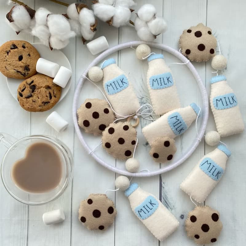 Cookies Milk Baby Mobile, Biscuit Nursery Decor, Bottle of Milk, Felt Pom Balls