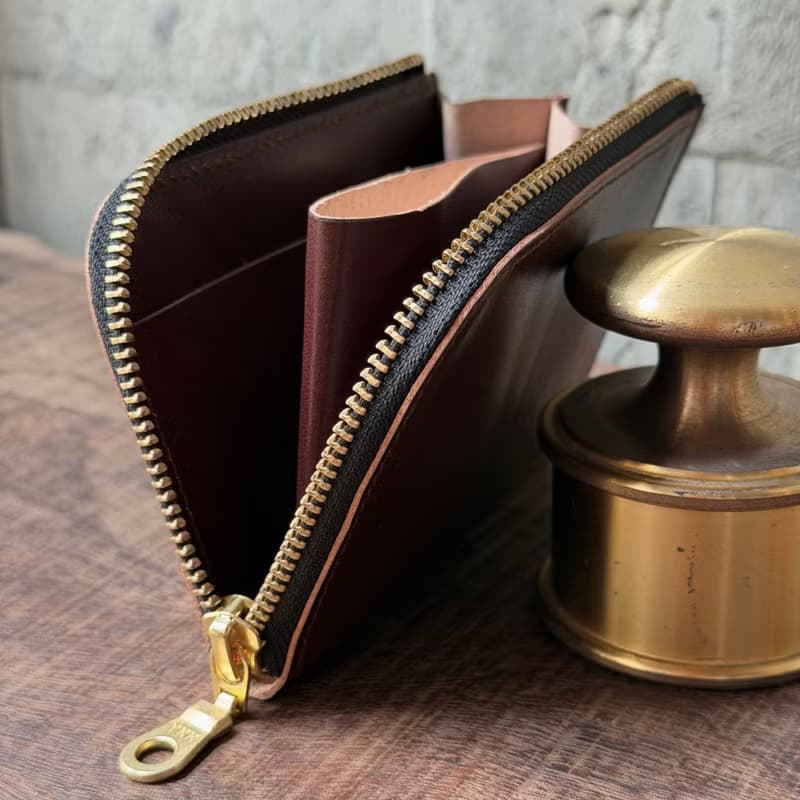 多夾層L形拉鍊短夾 巧克力 義大利植鞣革