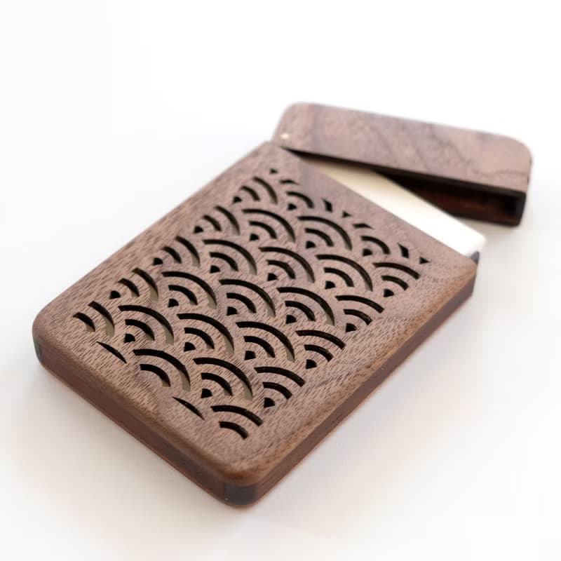 Wooden business card holder / walnut /Japanese traditional pattern  (Seigaiha)