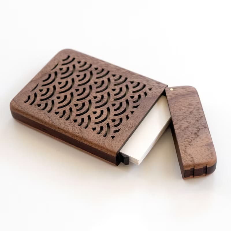 Wooden business card holder / walnut /Japanese traditional pattern  (Seigaiha)