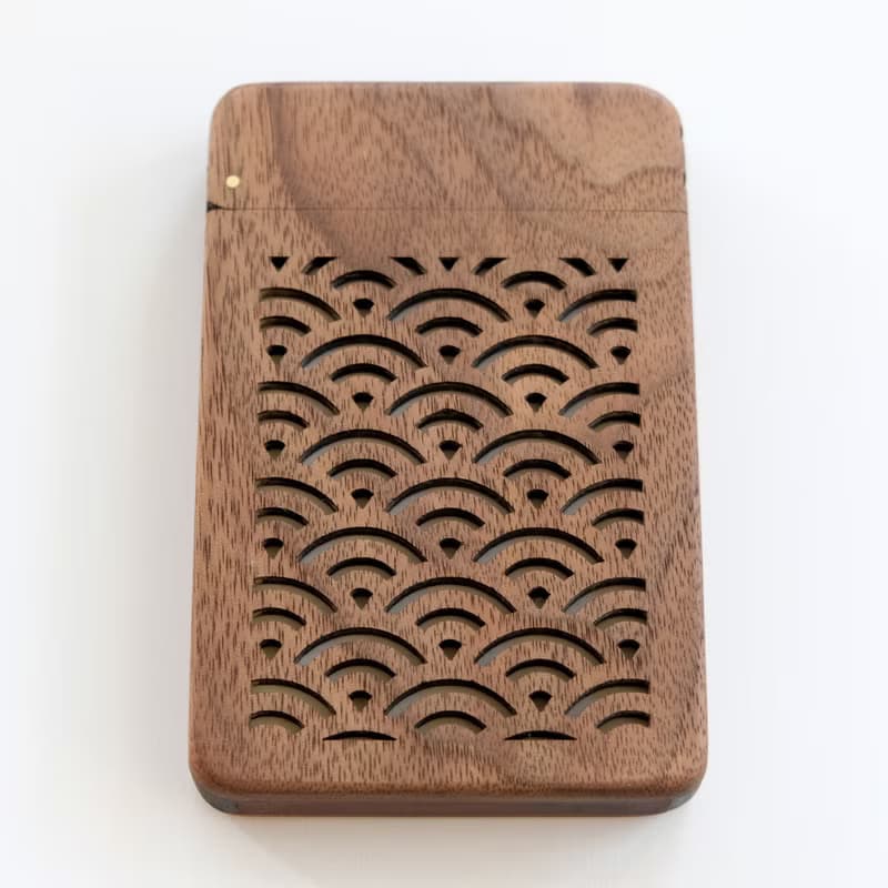 Wooden business card holder / walnut /Japanese traditional pattern  (Seigaiha)