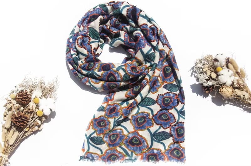 喀什米爾Cashmere/水煮羊毛披肩/針織圍巾/刺繡圍巾/羊絨披巾-花