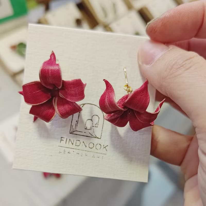 皮革工藝 小紅花 曼陀羅花 耳飾