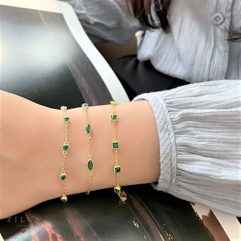 │輕珠寶│心串心 • 祖母綠鋯石 • 純銀手鍊 • 925silver