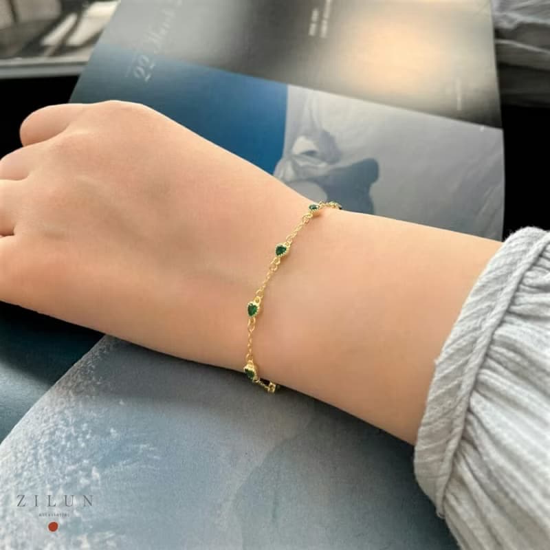 │輕珠寶│心串心 • 祖母綠鋯石 • 純銀手鍊 • 925silver