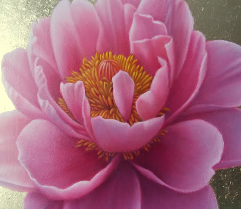 寫實粉紅牡丹花油畫金葉背景植物牆藝術女性禮物