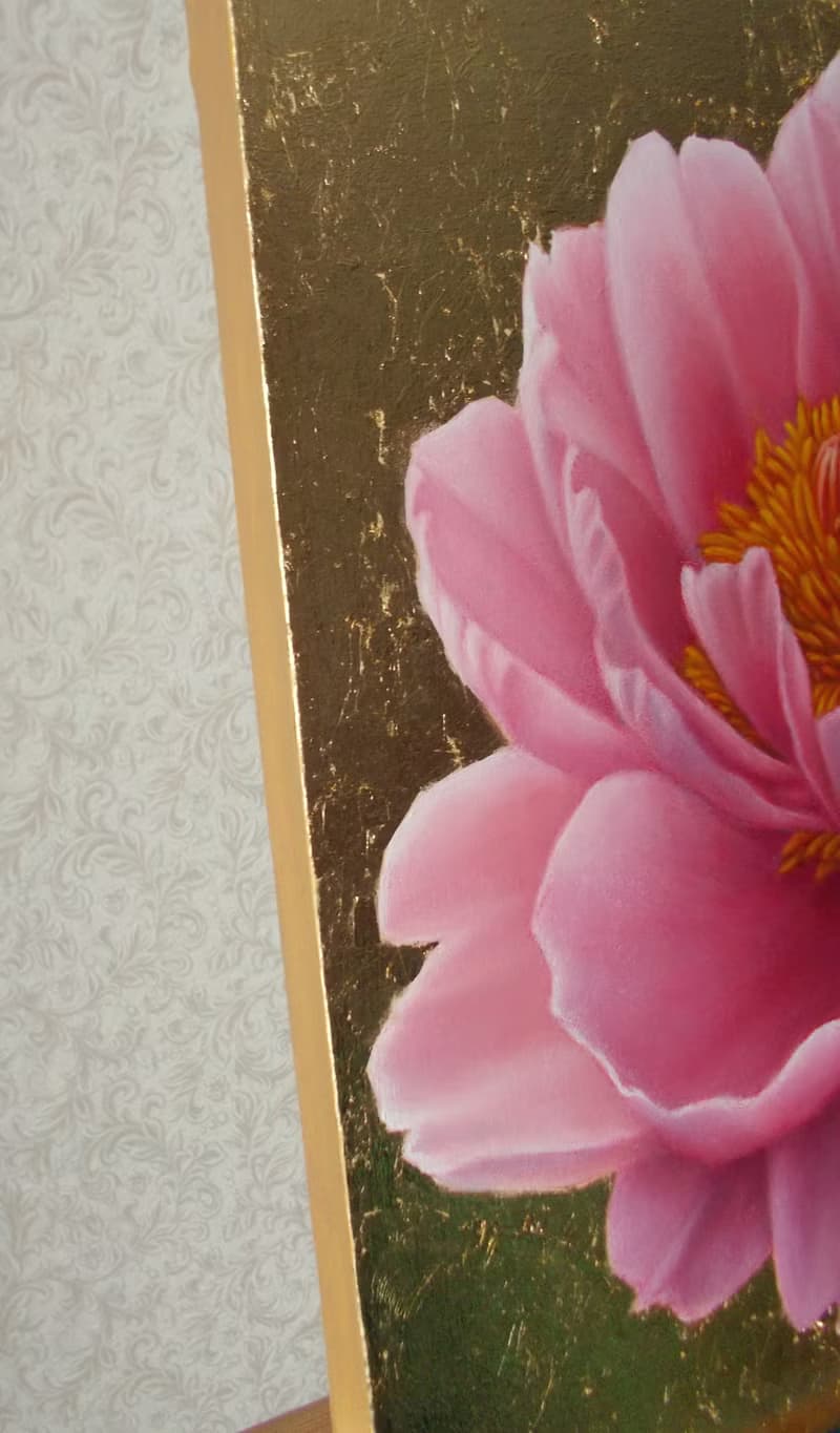 寫實粉紅牡丹花油畫金葉背景植物牆藝術女性禮物