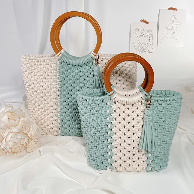 Macrame 木質提把 編織 手提包 附流蘇鑰匙圈 編織包