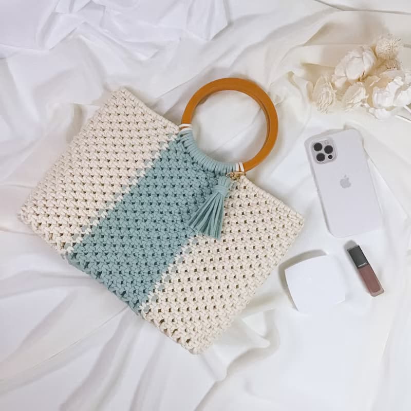 Macrame 木質提把 編織 手提包 附流蘇鑰匙圈 編織包