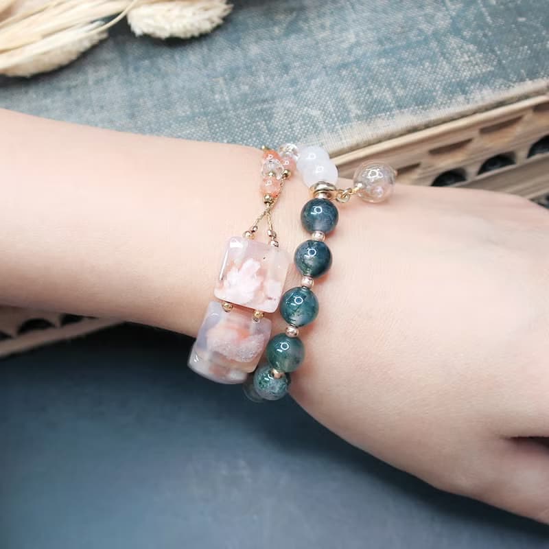 VIIART。綻放。櫻花瑪瑙阿魯沙水晶手鍊|果凍溫柔感粉花手排