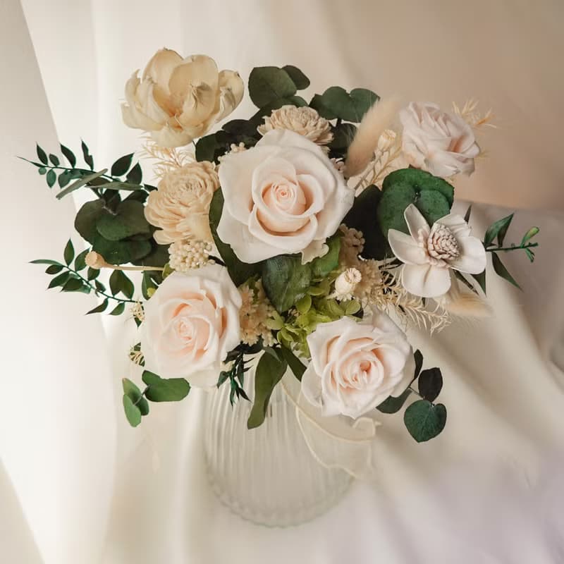 【婚禮捧花】白綠色永生花婚禮套組 (含捧花、藤編竹籃花)
