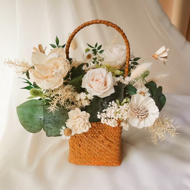 【婚禮捧花】白綠色永生花婚禮套組 (含捧花、藤編竹籃花)