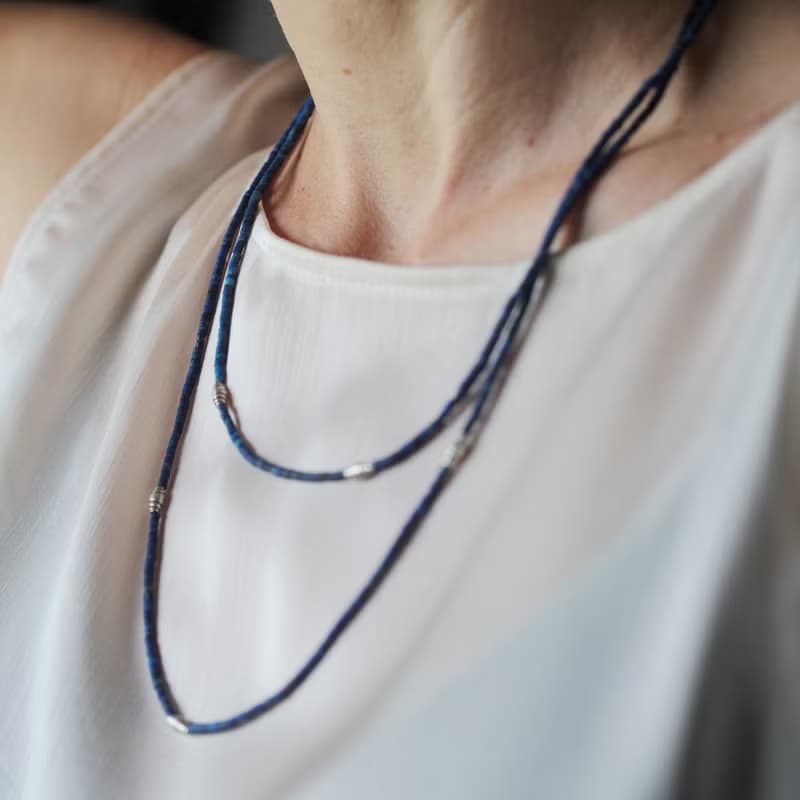 Lapis Lazuli beads and silver wrap beads two-tiered necklace (N0008)