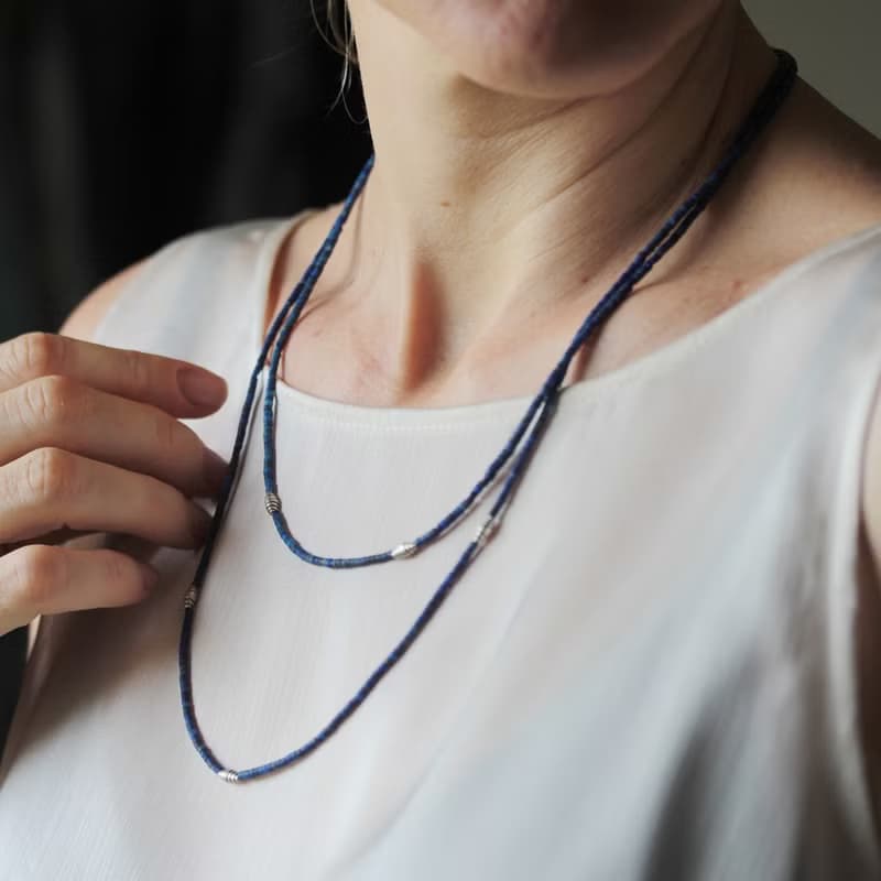 Lapis Lazuli beads and silver wrap beads two-tiered necklace (N0008)