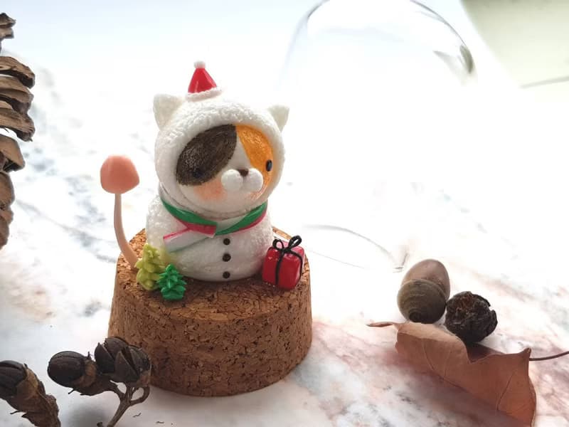 聖誕節貓咪微景-貓咪雪人(玻璃罩)