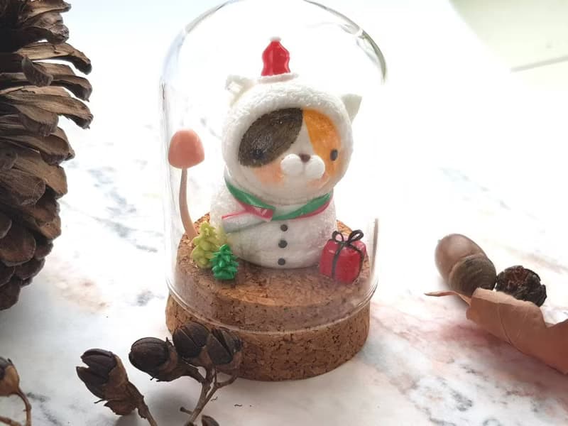 聖誕節貓咪微景-貓咪雪人(玻璃罩)