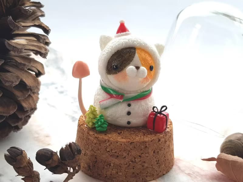 聖誕節貓咪微景-貓咪雪人(玻璃罩)