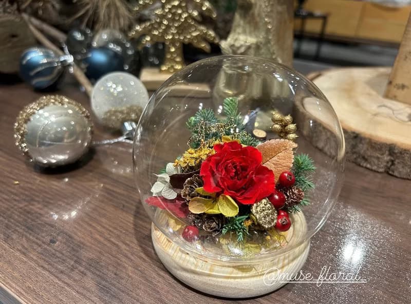聖誕玻璃花盅/永生花花盅/玫瑰花盅/聖誕交換禮物/永生花盅罩/玻
