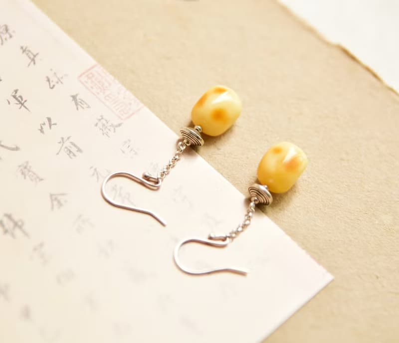 Amber天然琥珀蜜蠟原石925銀耳墜耳飾
