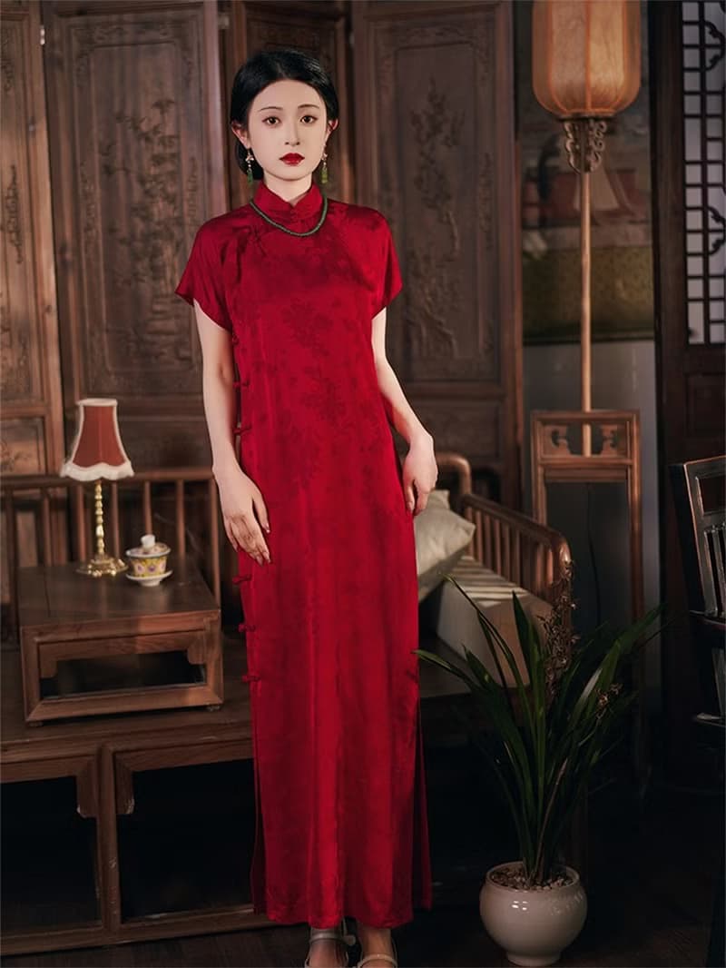 今夕 紅色古法全開襟旗袍 一片式無省民國傳統結婚訂婚新娘禮服