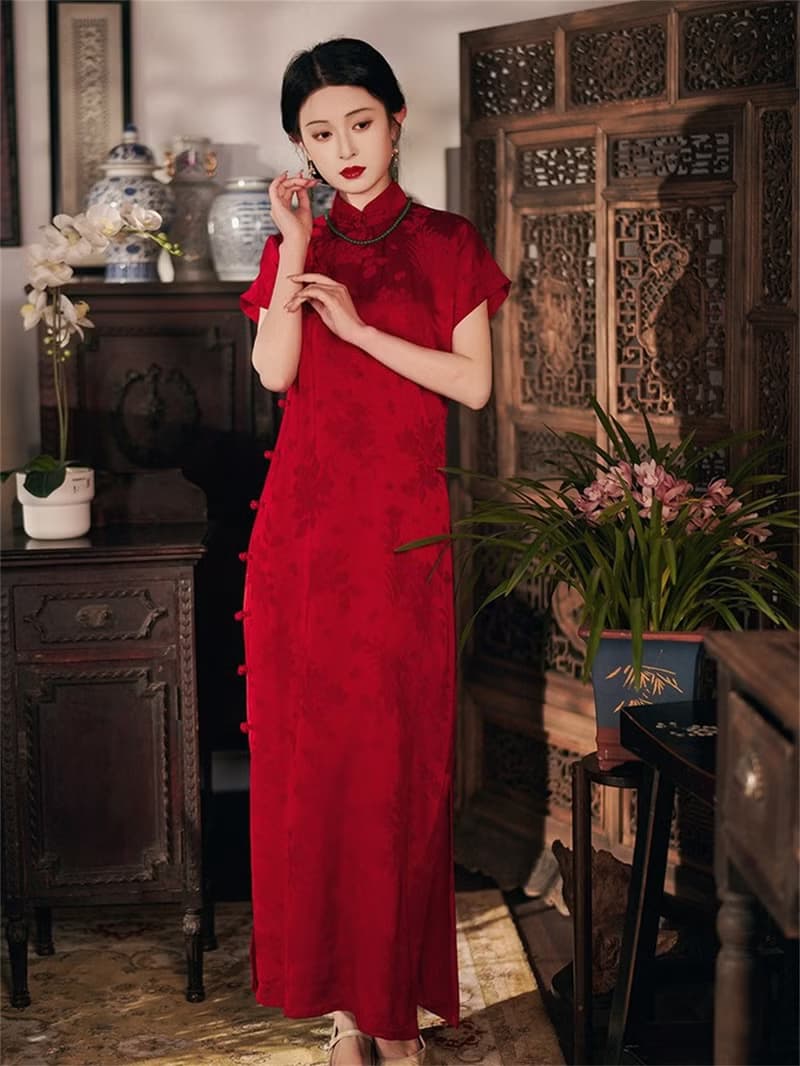 今夕 紅色古法全開襟旗袍 一片式無省民國傳統結婚訂婚新娘禮服