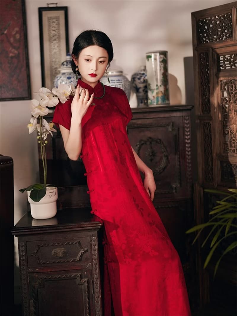 今夕 紅色古法全開襟旗袍 一片式無省民國傳統結婚訂婚新娘禮服