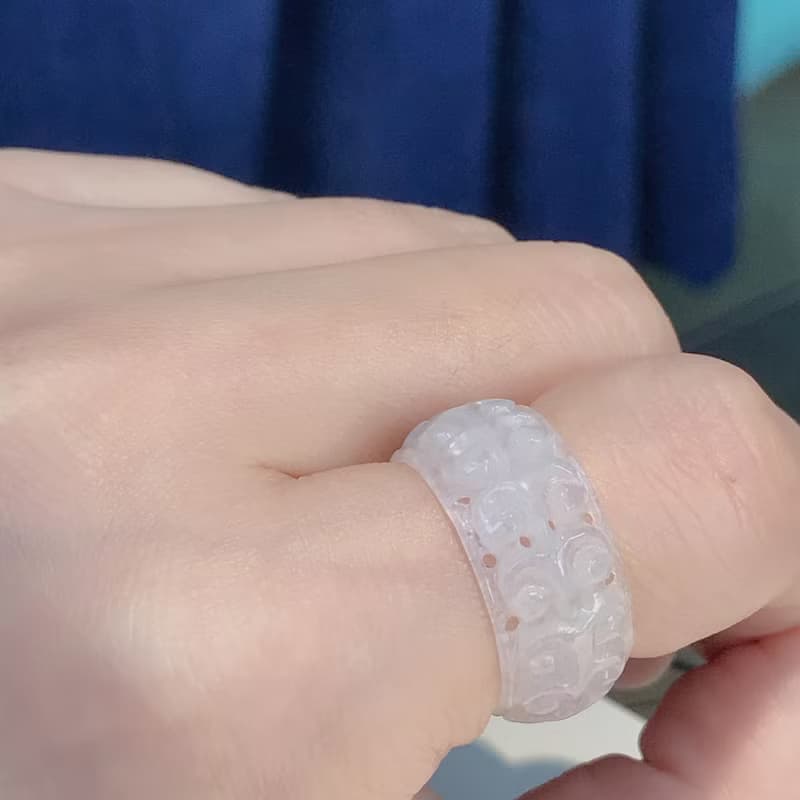 冰種翡翠雕花玉戒 | 國際14圍 | 天然緬甸玉翡翠A貨 | 送禮