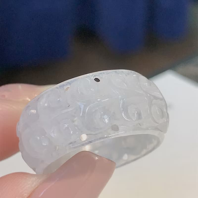 冰種翡翠雕花玉戒 | 國際14圍 | 天然緬甸玉翡翠A貨 | 送禮