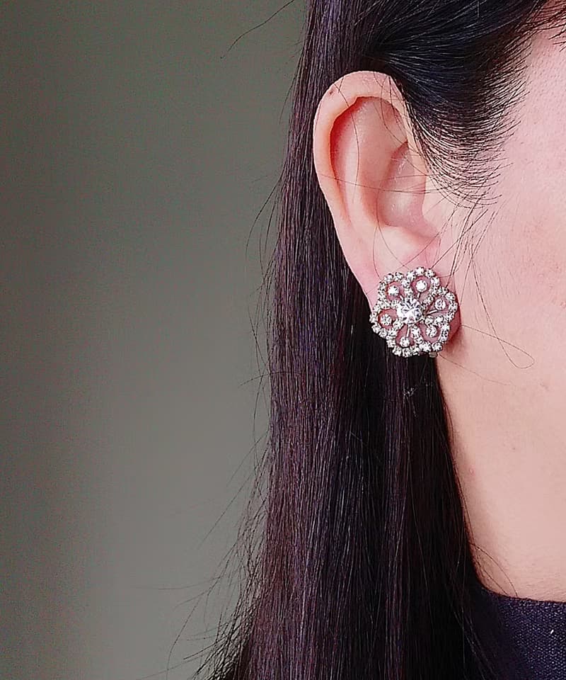 vintage jewelry 璀璨萊茵花卉 夾式耳環