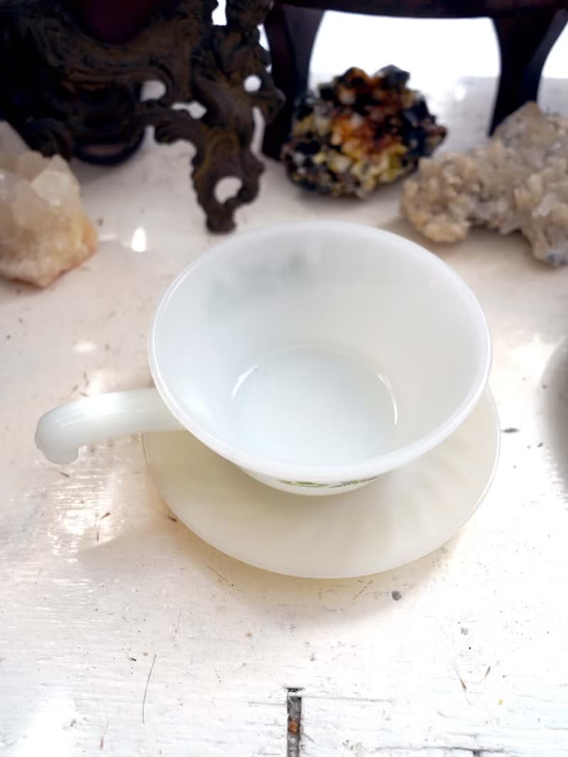美國中古FIRE KING白玉色湯碗綠色小花圖案沙拉碗 古董玻璃餐具