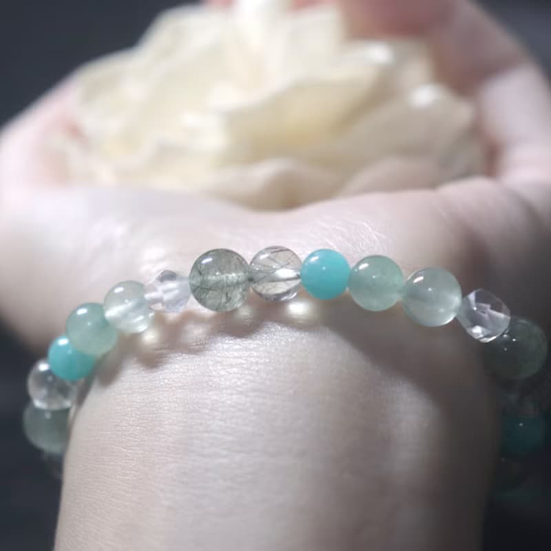 綠髮晶-白水晶-天河石-葡萄石-招財-貴人-水晶手鍊