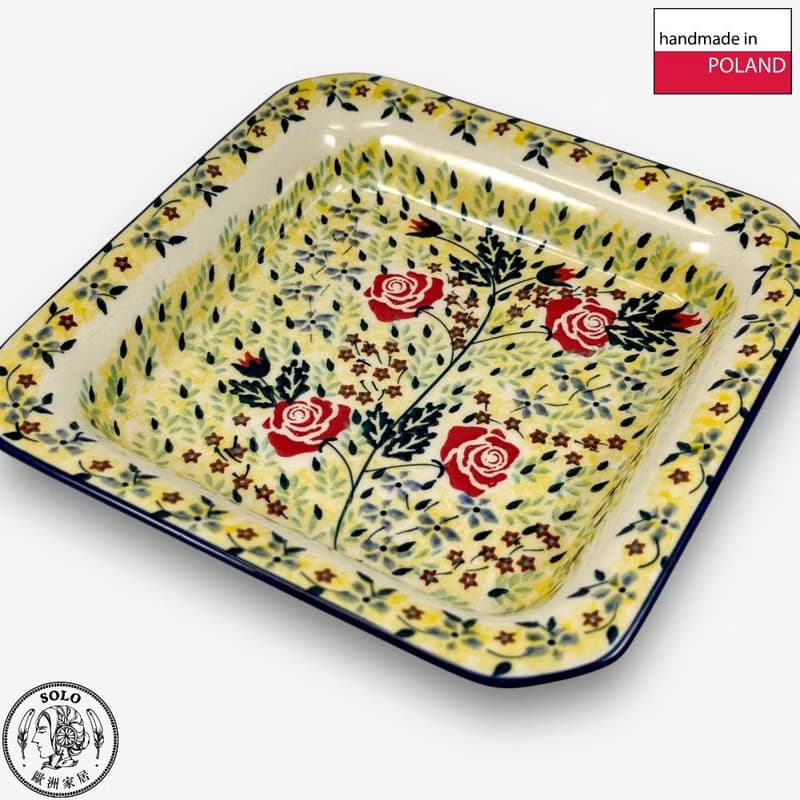 波蘭手繪手工陶-方型盤 20cm 薔薇花束系列 設計師款
