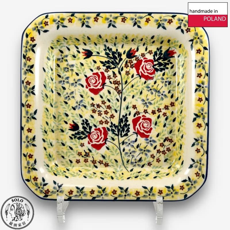 波蘭手繪手工陶-方型盤 20cm 薔薇花束系列 設計師款