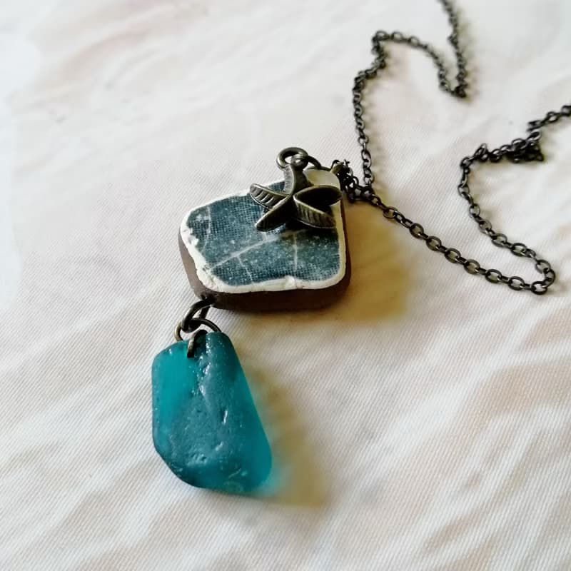 Starfish Sea glass pendant 綠松石海玻璃項鍊 Cute Present 陶與海玻璃的結合 Everyday Jewelry 女朋友禮物