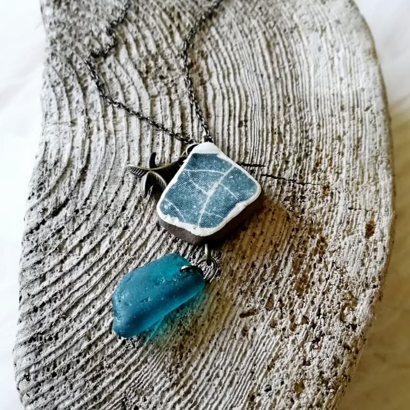 Starfish Sea glass pendant 綠松石海玻璃項鍊 Cute Present 陶與海玻璃的結合 Everyday Jewelry 女朋友禮物