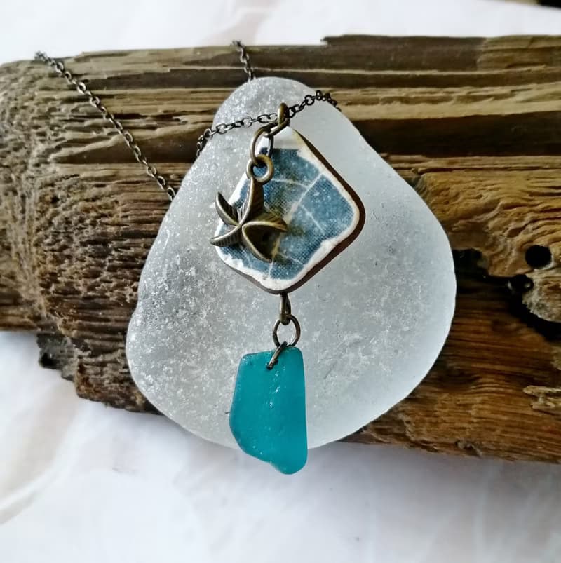 Starfish Sea glass pendant 綠松石海玻璃項鍊 Cute Present 陶與海玻璃的結合 Everyday Jewelry 女朋友禮物