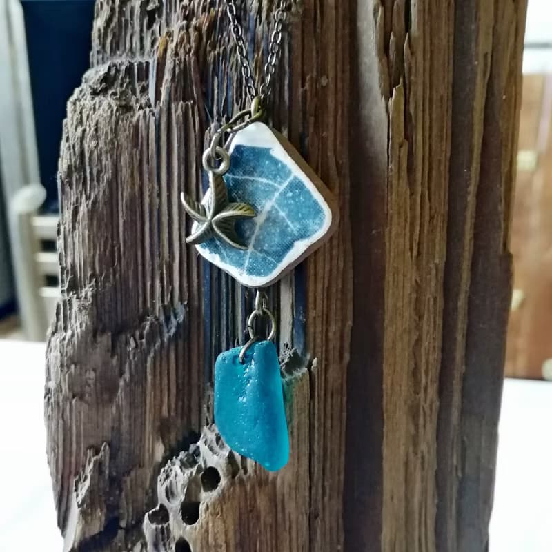 Starfish Sea glass pendant 綠松石海玻璃項鍊 Cute Present 陶與海玻璃的結合 Everyday Jewelry 女朋友禮物