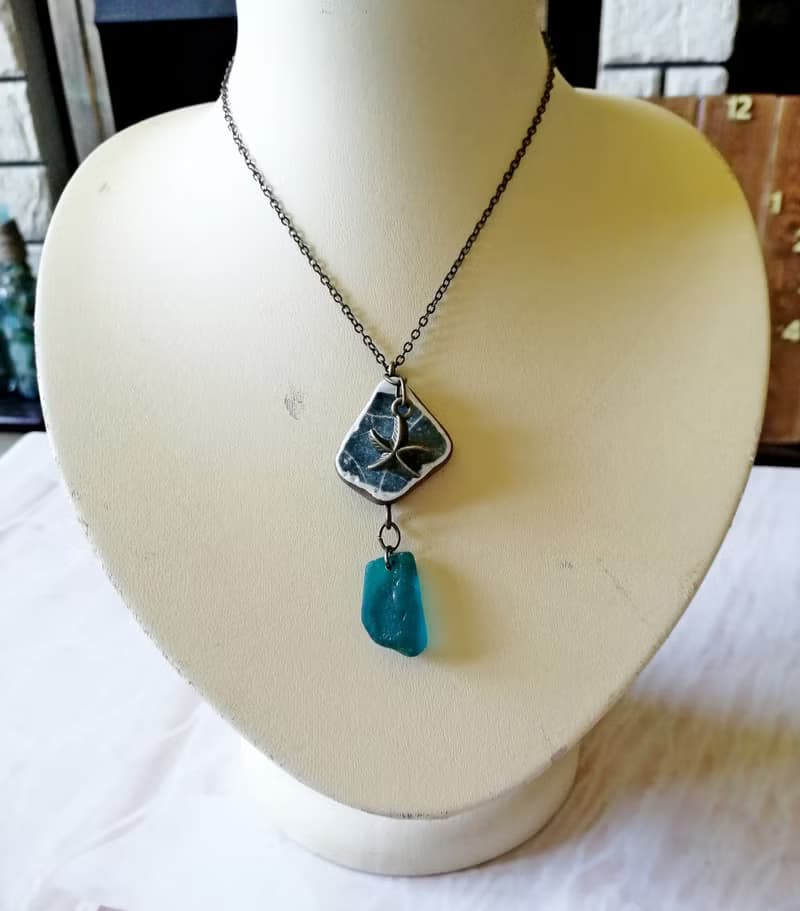 Starfish Sea glass pendant 綠松石海玻璃項鍊 Cute Present 陶與海玻璃的結合 Everyday Jewelry 女朋友禮物