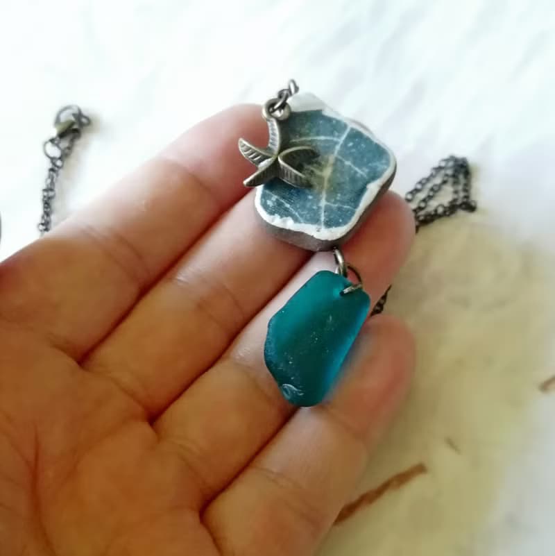 Starfish Sea glass pendant 綠松石海玻璃項鍊 Cute Present 陶與海玻璃的結合 Everyday Jewelry 女朋友禮物