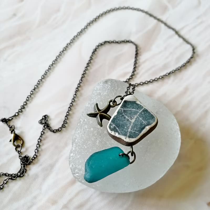 Starfish Sea glass pendant 綠松石海玻璃項鍊 Cute Present 陶與海玻璃的結合 Everyday Jewelry 女朋友禮物