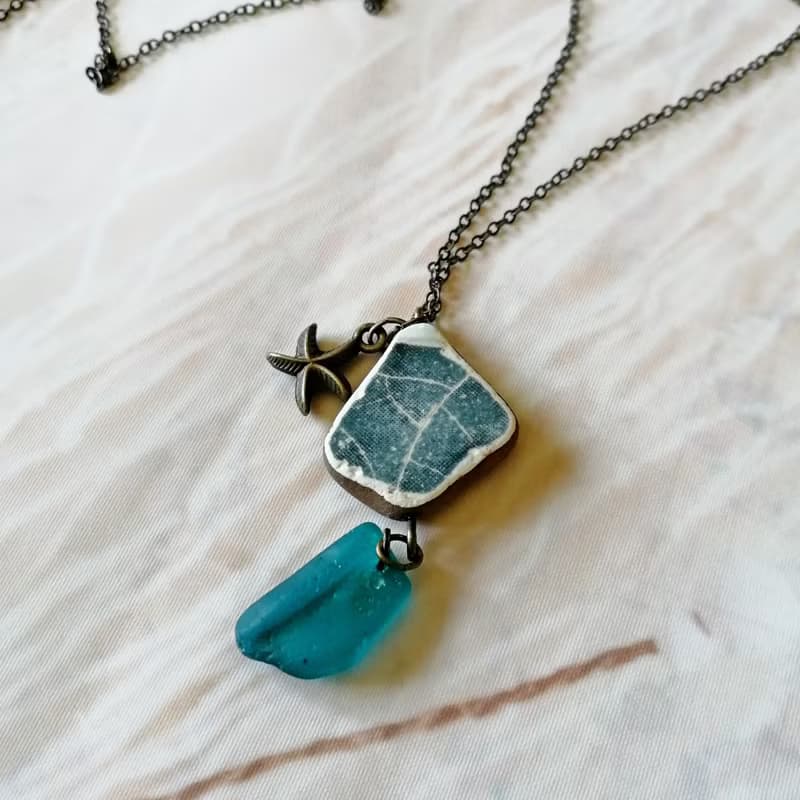 Starfish Sea glass pendant 綠松石海玻璃項鍊 Cute Present 陶與海玻璃的結合 Everyday Jewelry 女朋友禮物