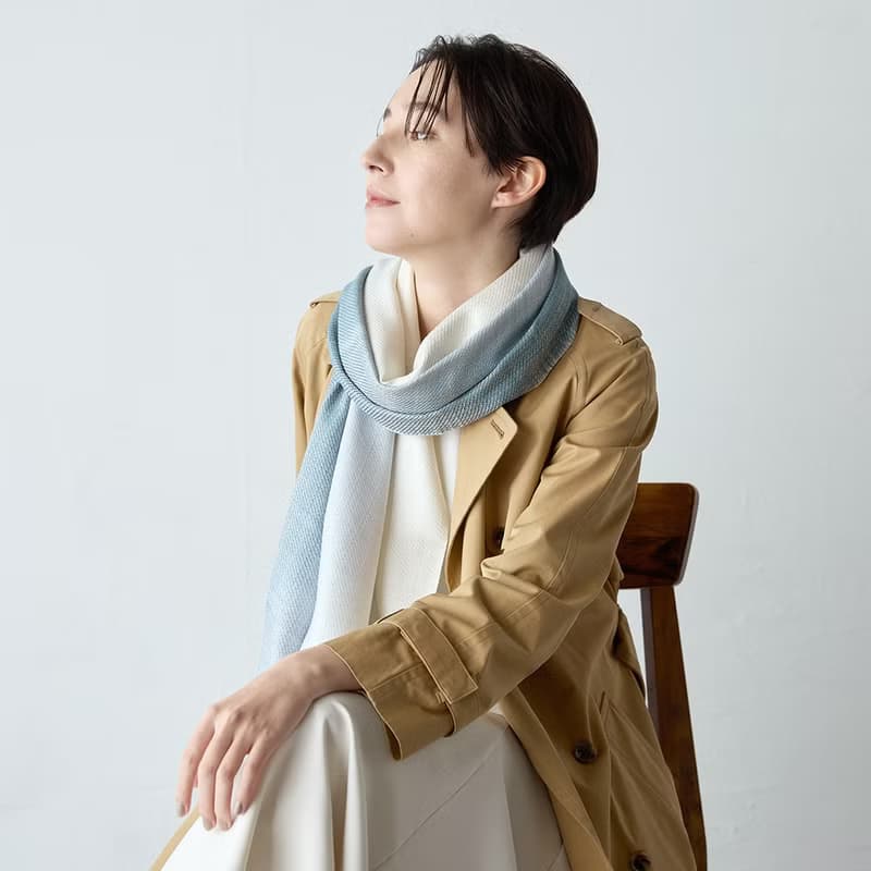 絣染漸層絲質圍巾-綠X白(數量有限 售完為止)