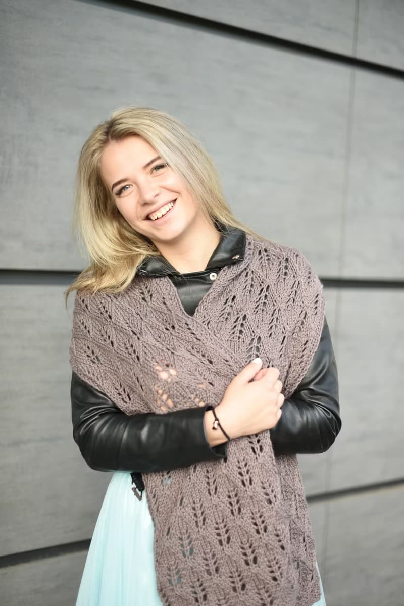Beige warm openwork knitted scarf/ Winter accessory