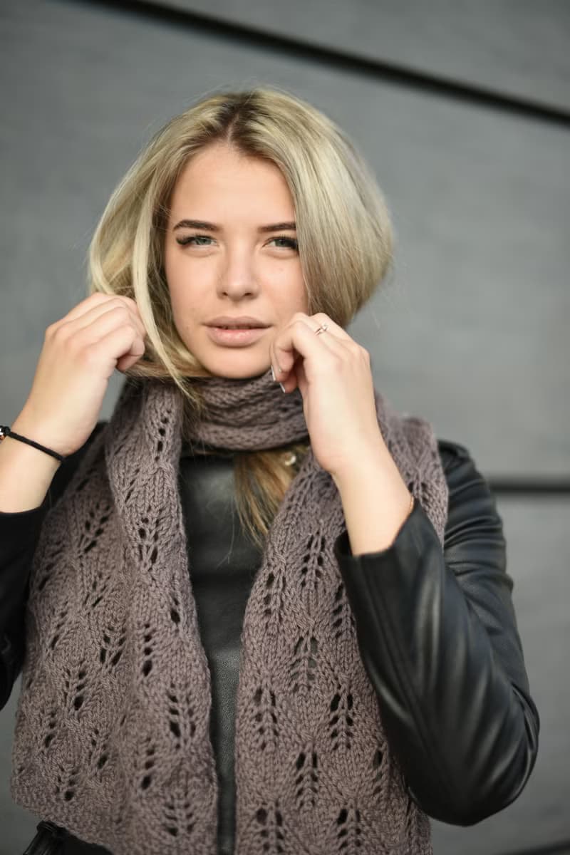Beige warm openwork knitted scarf/ Winter accessory