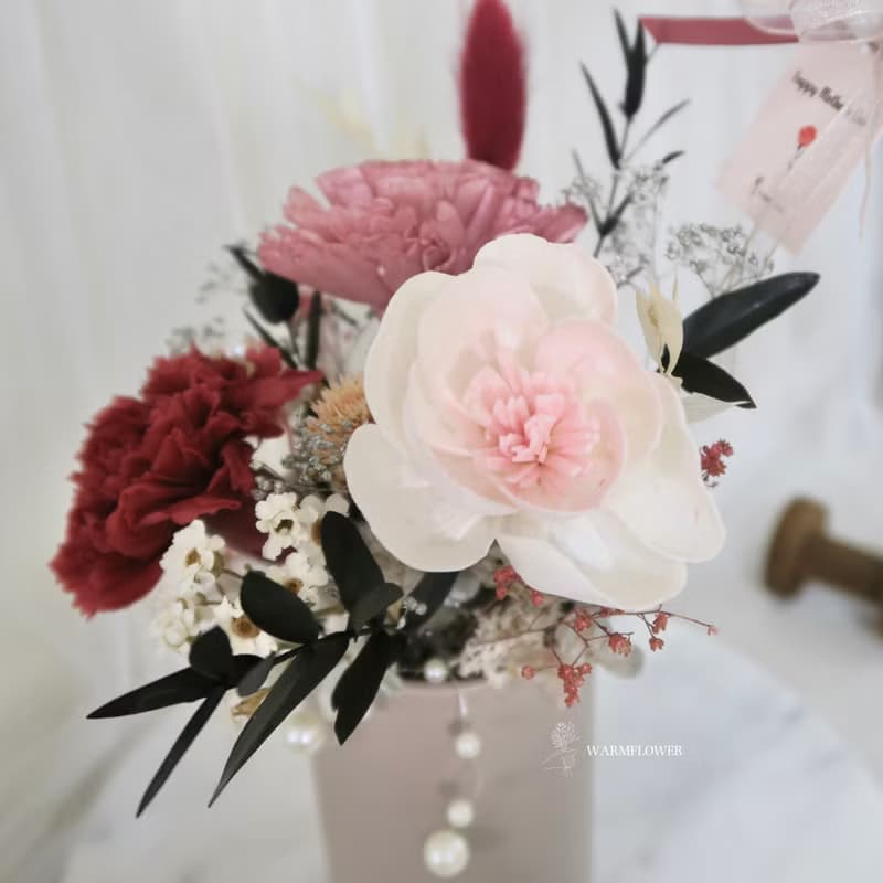 【24H出貨】母親節桌花ー【霧紅色康乃馨珍珠】永生乾燥桌花