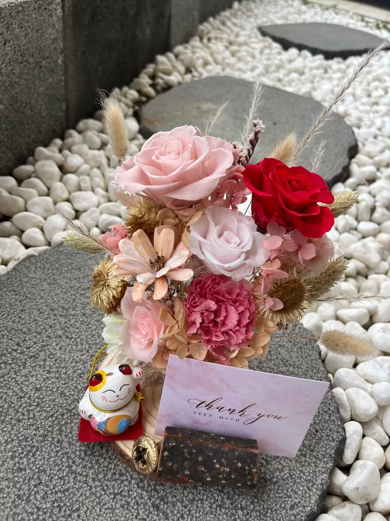 不凋玫瑰&乾燥花盆花 招財貓名片座 開幕/晉升/喬遷 祝賀盆花