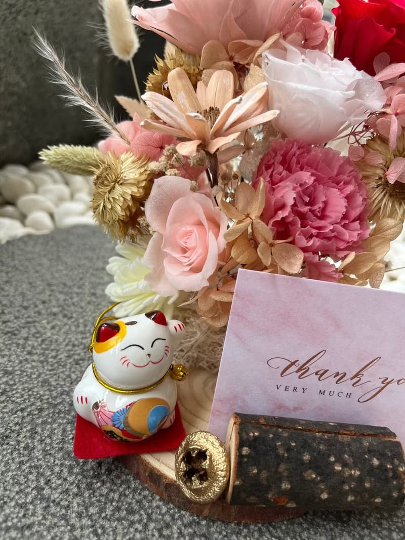 不凋玫瑰&乾燥花盆花 招財貓名片座 開幕/晉升/喬遷 祝賀盆花