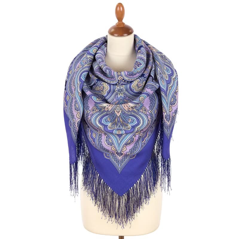 Pavlovo Posad Russian Shawl 100% Wool Scarf 125x125 cm Wrap Silk Fringe 2027-15