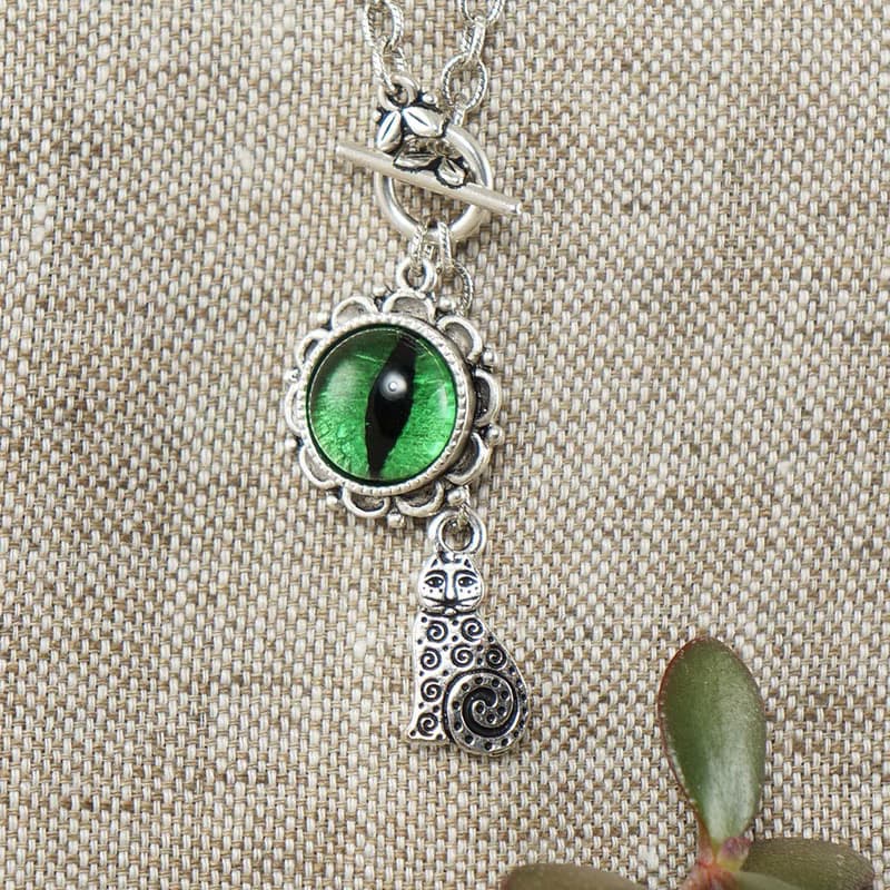 Green Glass Cat Eye Necklace Silver Cat Evil Eye Protection Necklace Jewelry